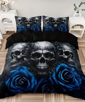 Gothic Bettwaesche Set Mit Totenkopf 038 Blauer Rose 3 Teilig