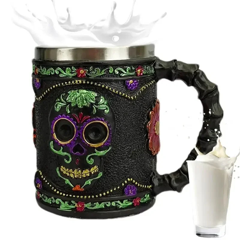 Gothic Totenkopf Becher mit Blumen, Edelstahl Innenwand – Bild 5