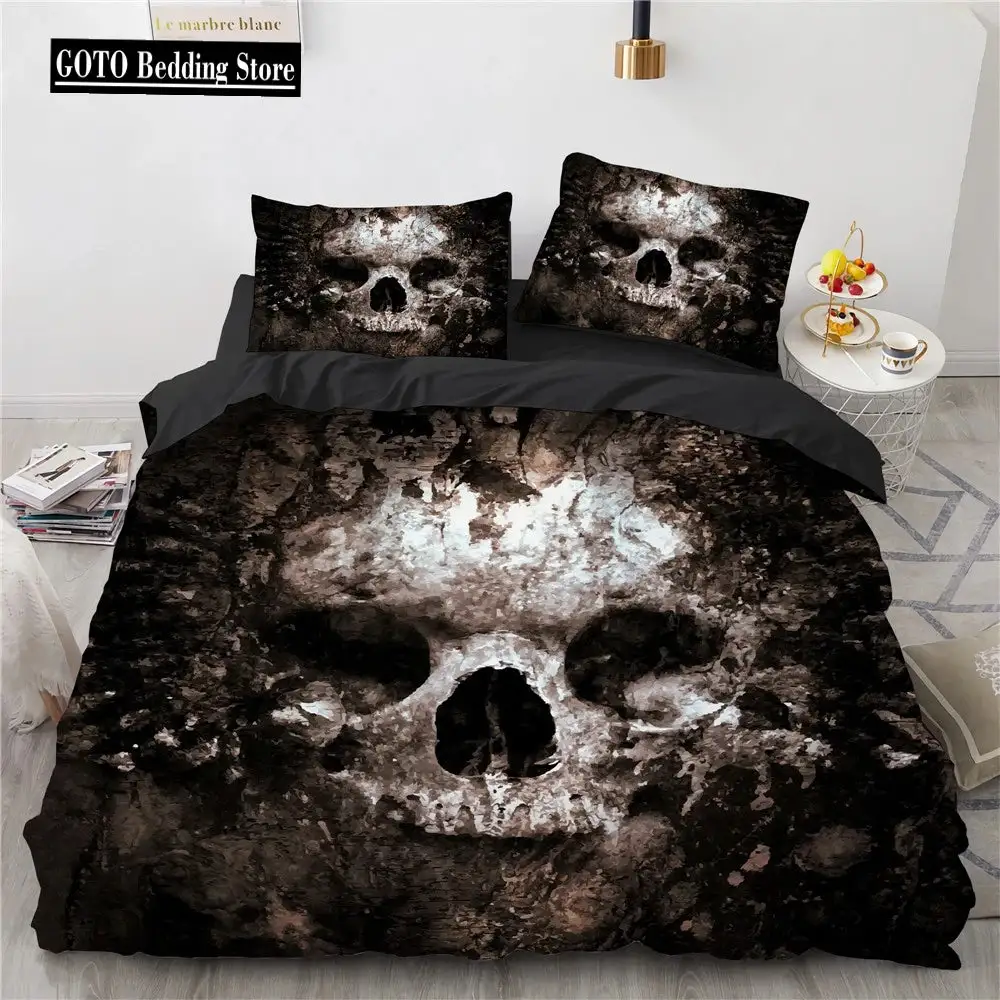 Gothic Skull Bettwaesche Set Queen Size Schwarze Halloween Bettdecke