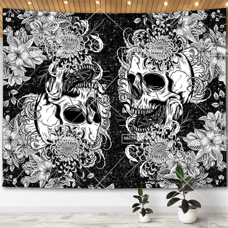 Gothic Totenkopf Wandteppich mit Mond und Blumenmuster