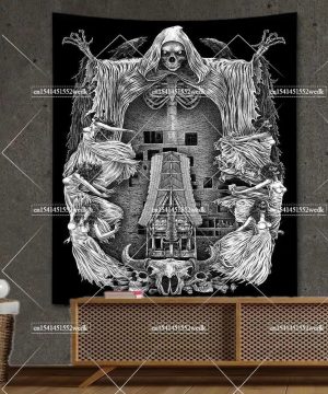 Gothic Wandteppich mit Totenschädel und Fledermausflügel