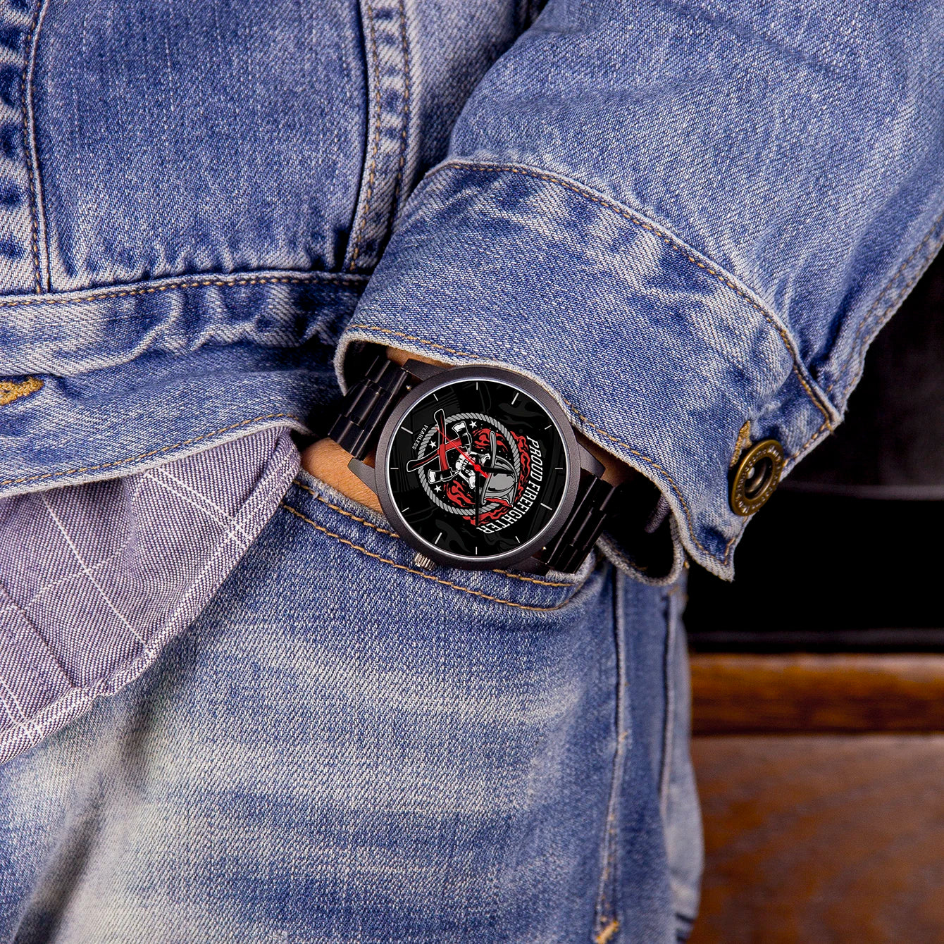 Gothic Herrenarmbanduhr mit Totenkopf für Feuerwehrfans – Bild 5