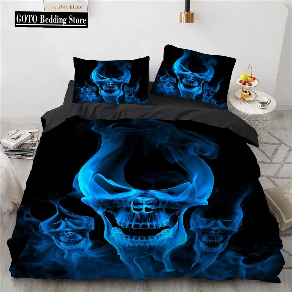 Gothic Skull Bettwaesche Set Queen Size Schwarze Halloween Bettdecke