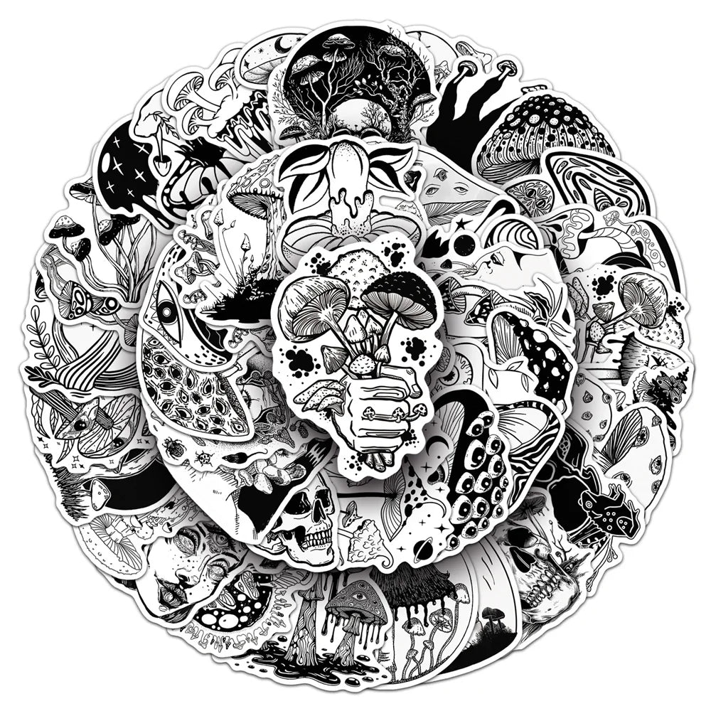 50-teiliges Set Gothic Sticker Pilze Schwarz Weiß Laptop – Bild 3