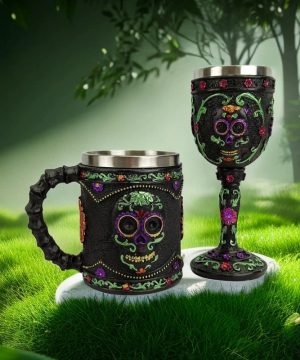 Gothic Totenkopf Becher mit Blumen, Edelstahl Innenwand