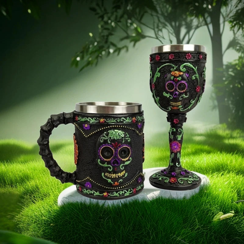 Gothic Totenkopf Becher mit Blumen, Edelstahl Innenwand