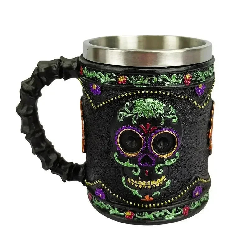 Gothic Totenkopf Becher mit Blumen, Edelstahl Innenwand – Bild 3