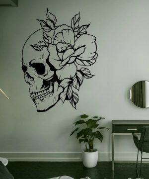 Gothic Totenkopf & Blumen Wandtattoo für Mädchenzimmer