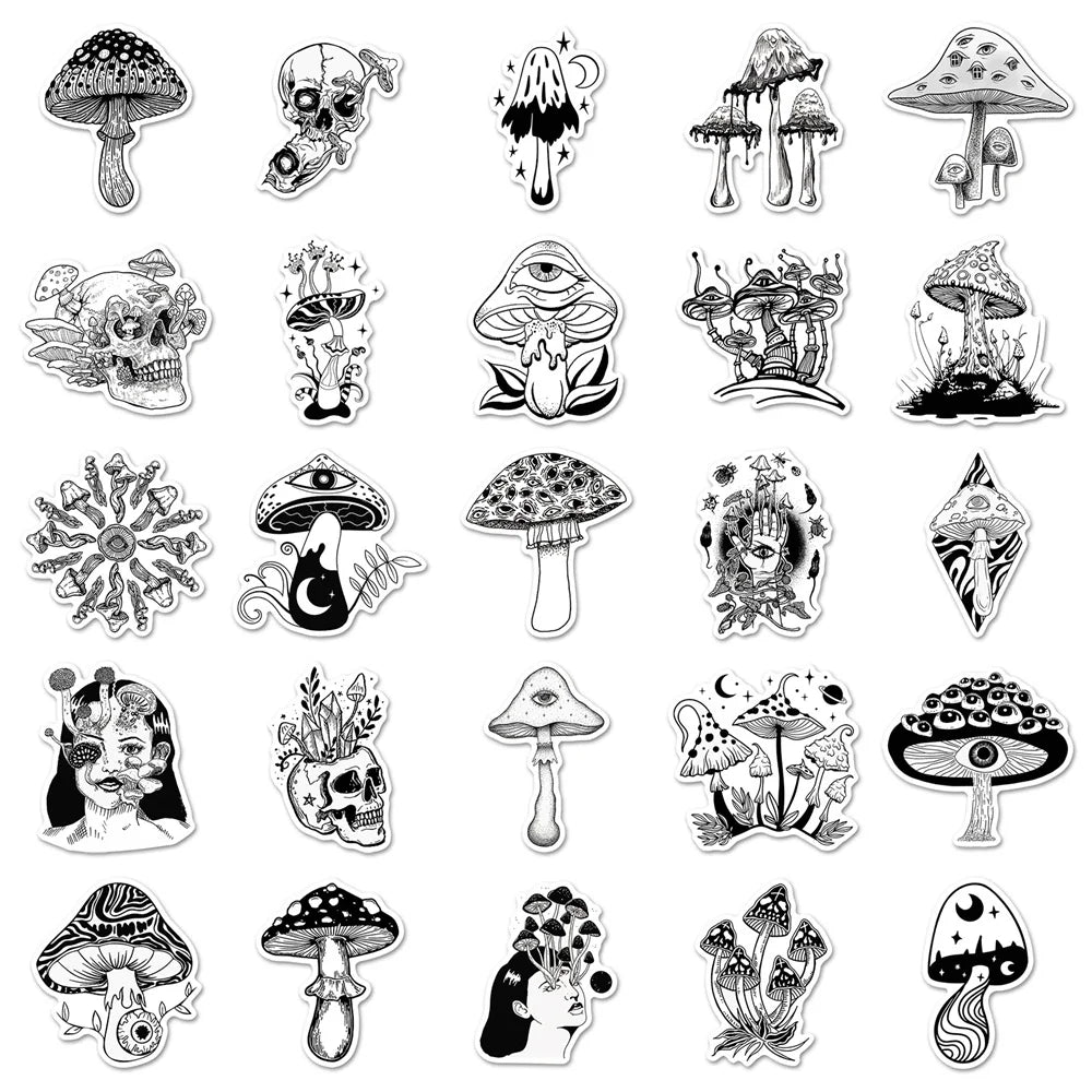 50-teiliges Set Gothic Sticker Pilze Schwarz Weiß Laptop – Bild 5
