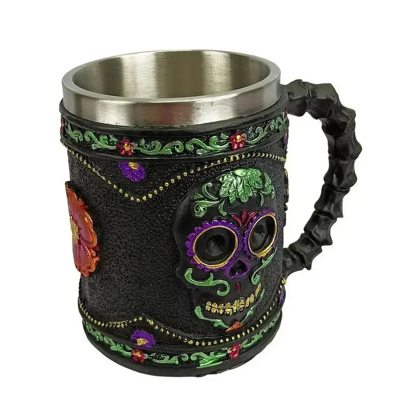Gothic Totenkopf Becher mit Blumen, Edelstahl Innenwand – Bild 4