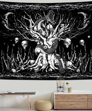 Gothic Wandteppich mit Totenkopf – Schwarz-Weiß Deko