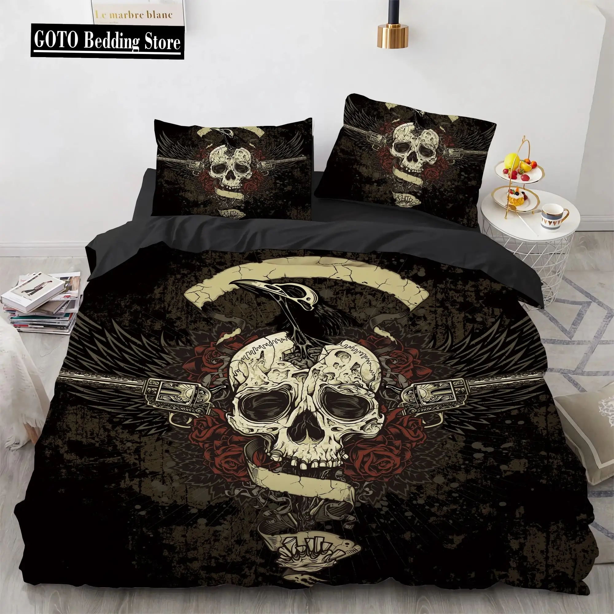Gothic Skull Bettwaesche Set Queen Size Schwarze Halloween Bettdecke