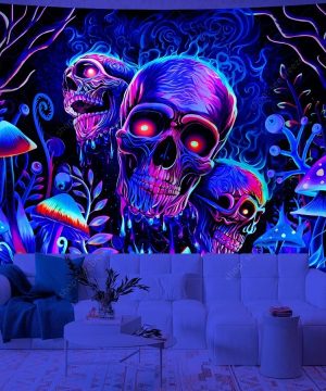 Gothic Wandteppich mit psychedelischem Totenkopf UV-Aktiv
