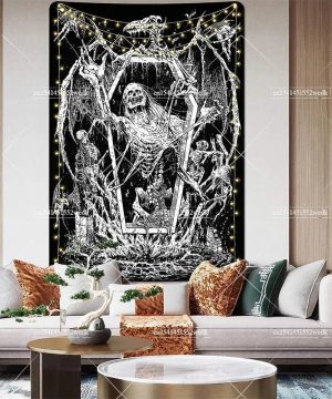 Gothic Totenkopf Wandteppich mit Fledermausflügeln