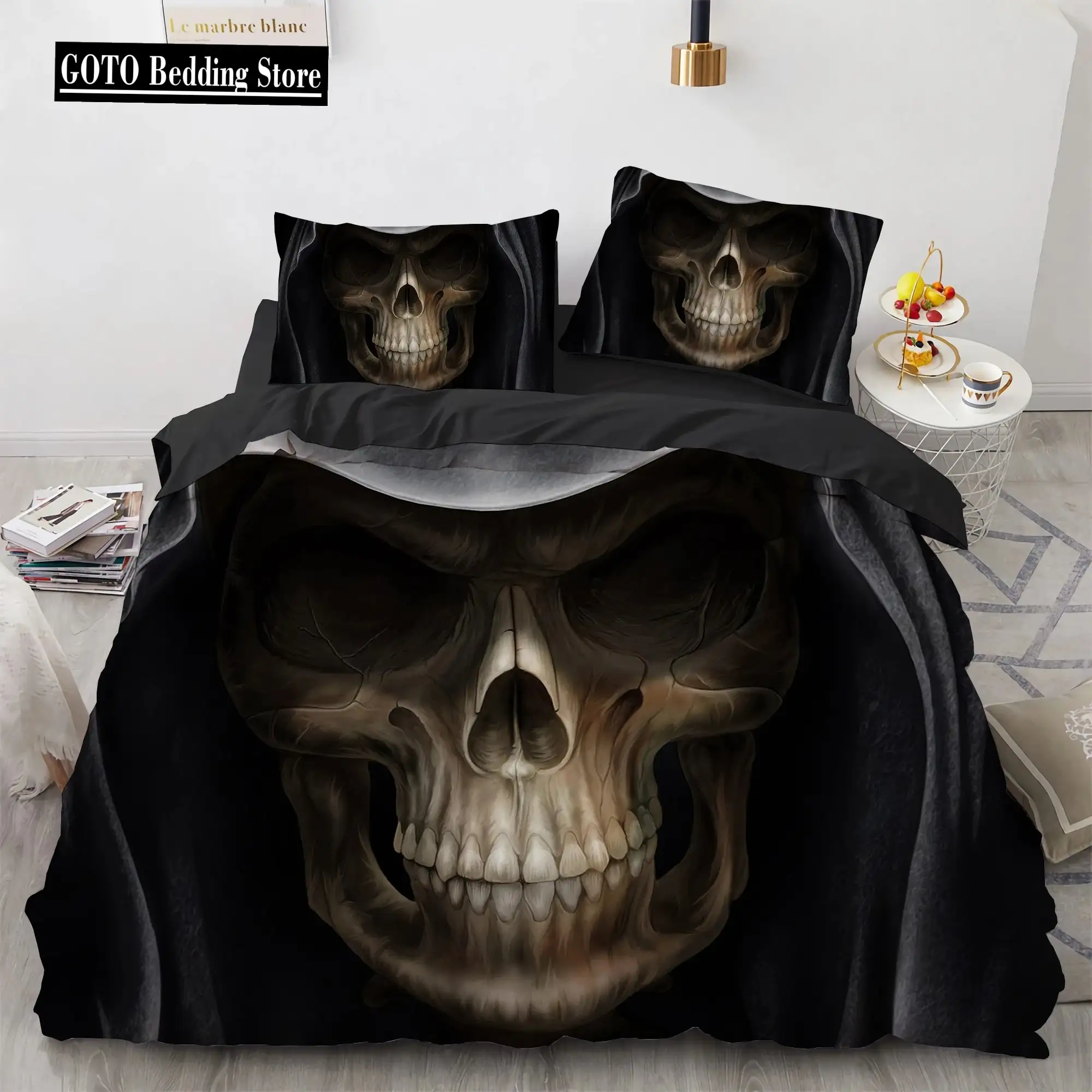 Gothic Skull Bettwaesche Set Queen Size Schwarze Halloween Bettdecke
