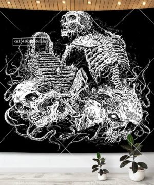 Gothic Wandteppich mit Totenkopf und Mond im Hippie-Stil