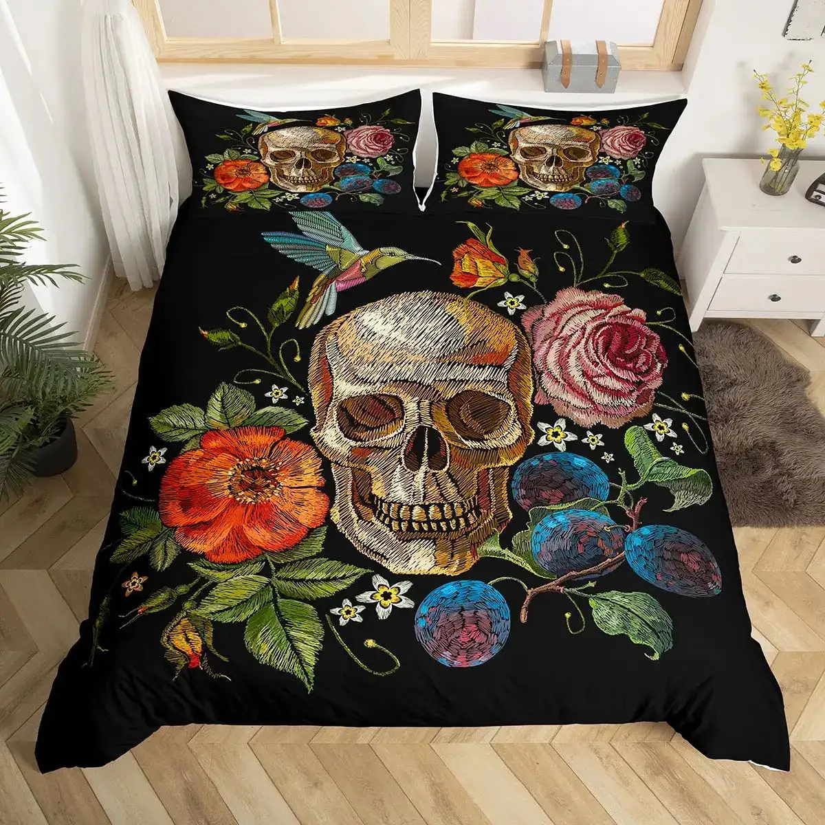 Gothic Bettwaesche Set Mit Totenkopf 038 Rose Skelett Motiv