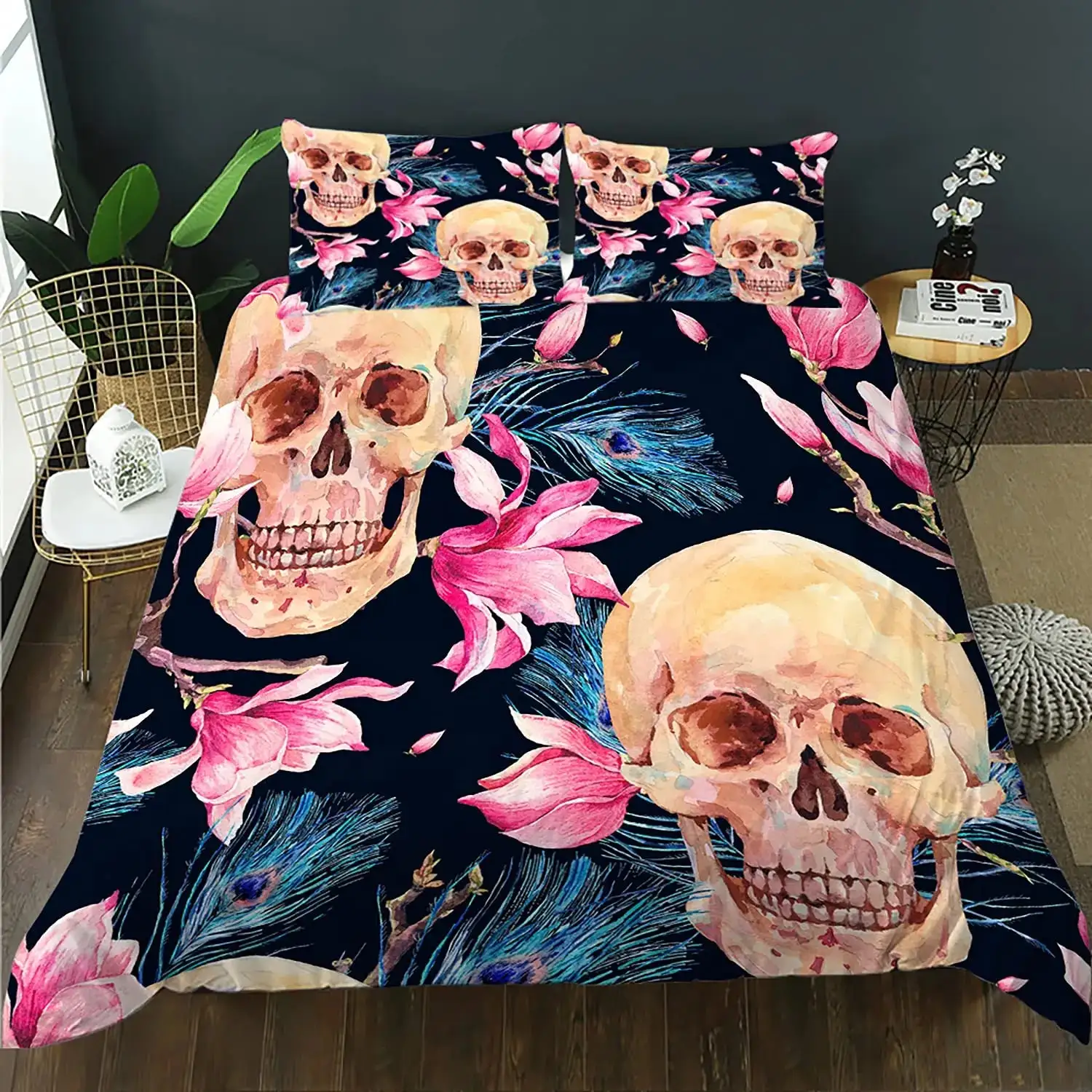 Gothic Bettwaesche Set Mit Totenkopf 038 Rose Skelett Motiv