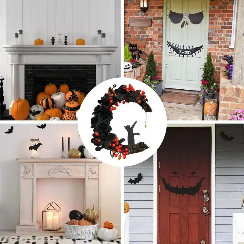 Gothic Halloween Tuerkranz Mit Mondkatze Dekoration