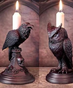 Gothic Kerzenhalter mit Krähe und Eule aus Harz – Deko