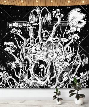 Gothic Wandteppich mit Totenkopf & Mond im Boho-Design