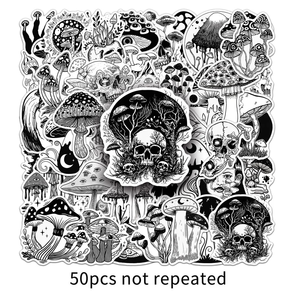 50-teiliges Set Gothic Sticker Pilze Schwarz Weiß Laptop