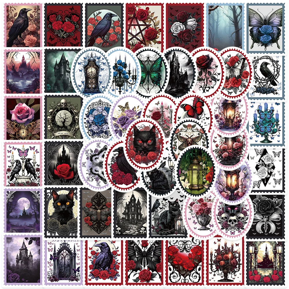 50 Stück Gothic Aufkleber Set mit Rose, Katze & Krähe