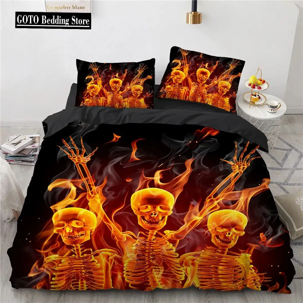 Gothic Skull Bettwaesche Set Queen Size Schwarze Halloween Bettdecke
