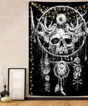 Gothic Wandteppich mit Totenkopf & Fledermausflügeln