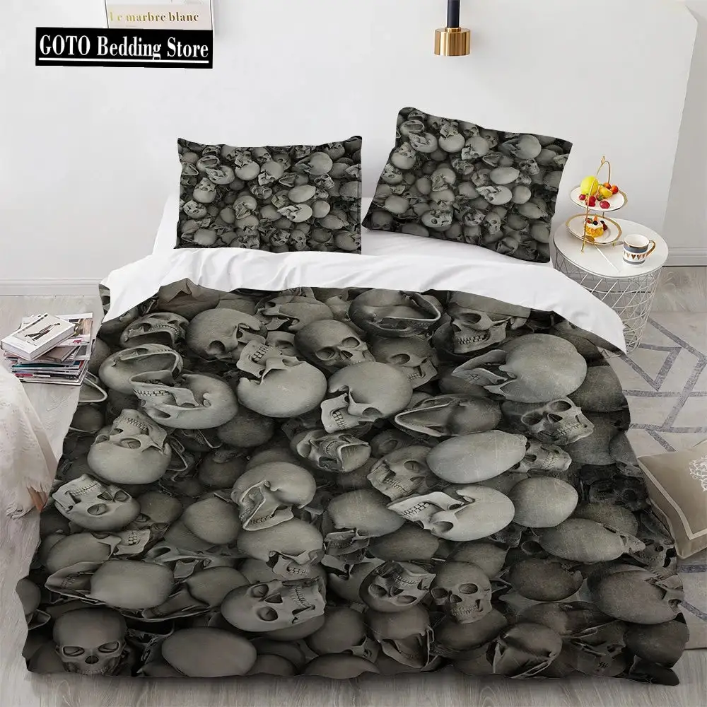 Gothic Skull Bettwaesche Set Queen Size Schwarze Halloween Bettdecke
