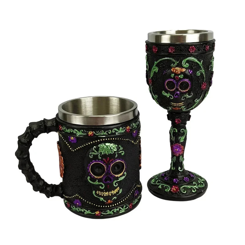 Gothic Totenkopf Becher mit Blumen, Edelstahl Innenwand – Bild 2
