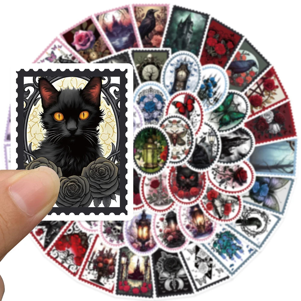 50 Stück Gothic Aufkleber Set mit Rose, Katze & Krähe – Bild 5