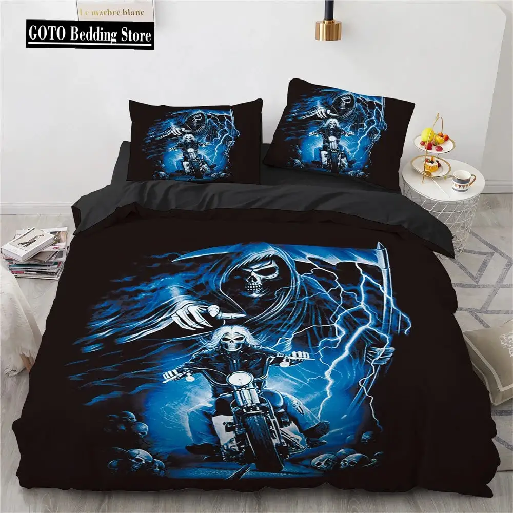 Gothic Skull Bettwaesche Set Queen Size Schwarze Halloween Bettdecke