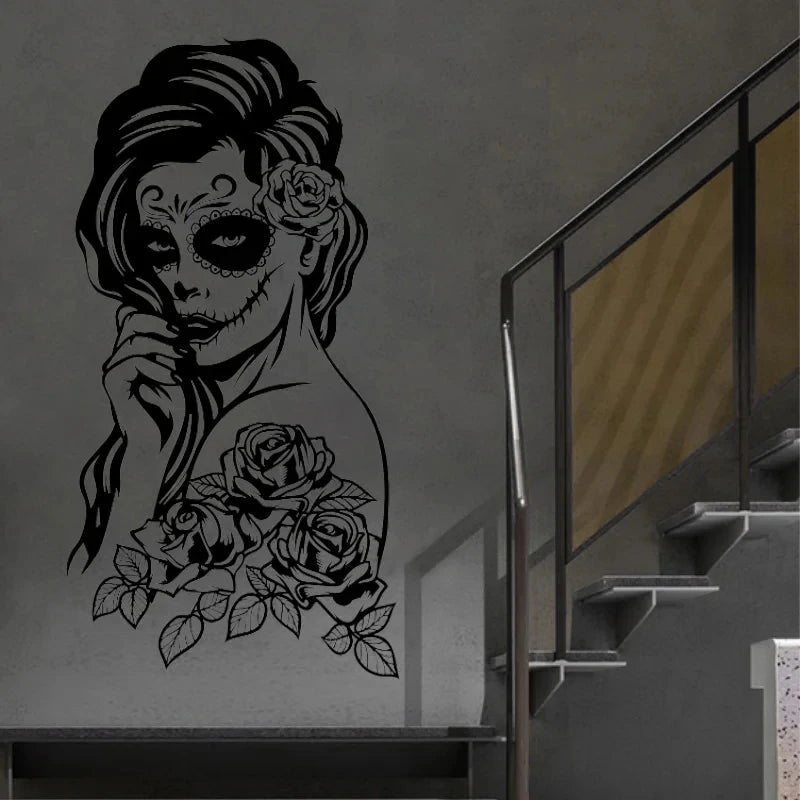 Gothic Wandtattoo Schädel-Dame Vinyl Deko fürs Wohnzimmer