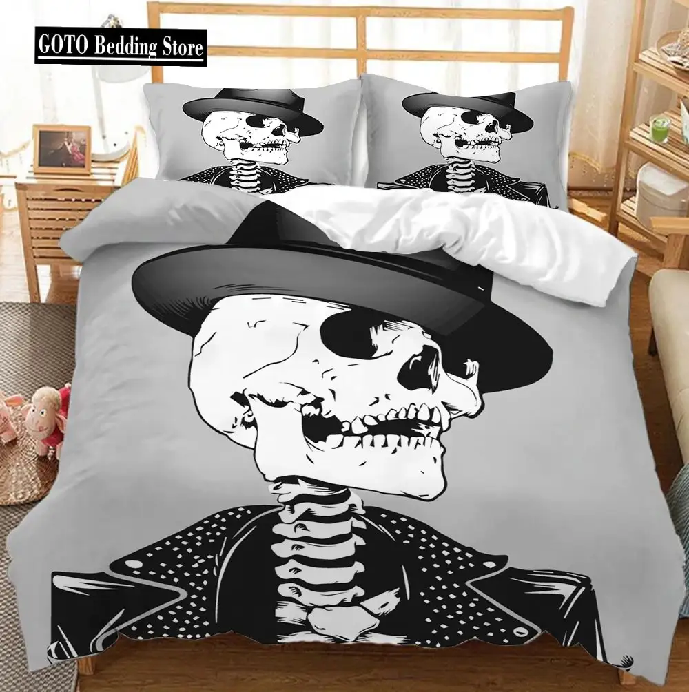 Gothic Skull Bettwaesche Set Queen Size Schwarze Halloween Bettdecke