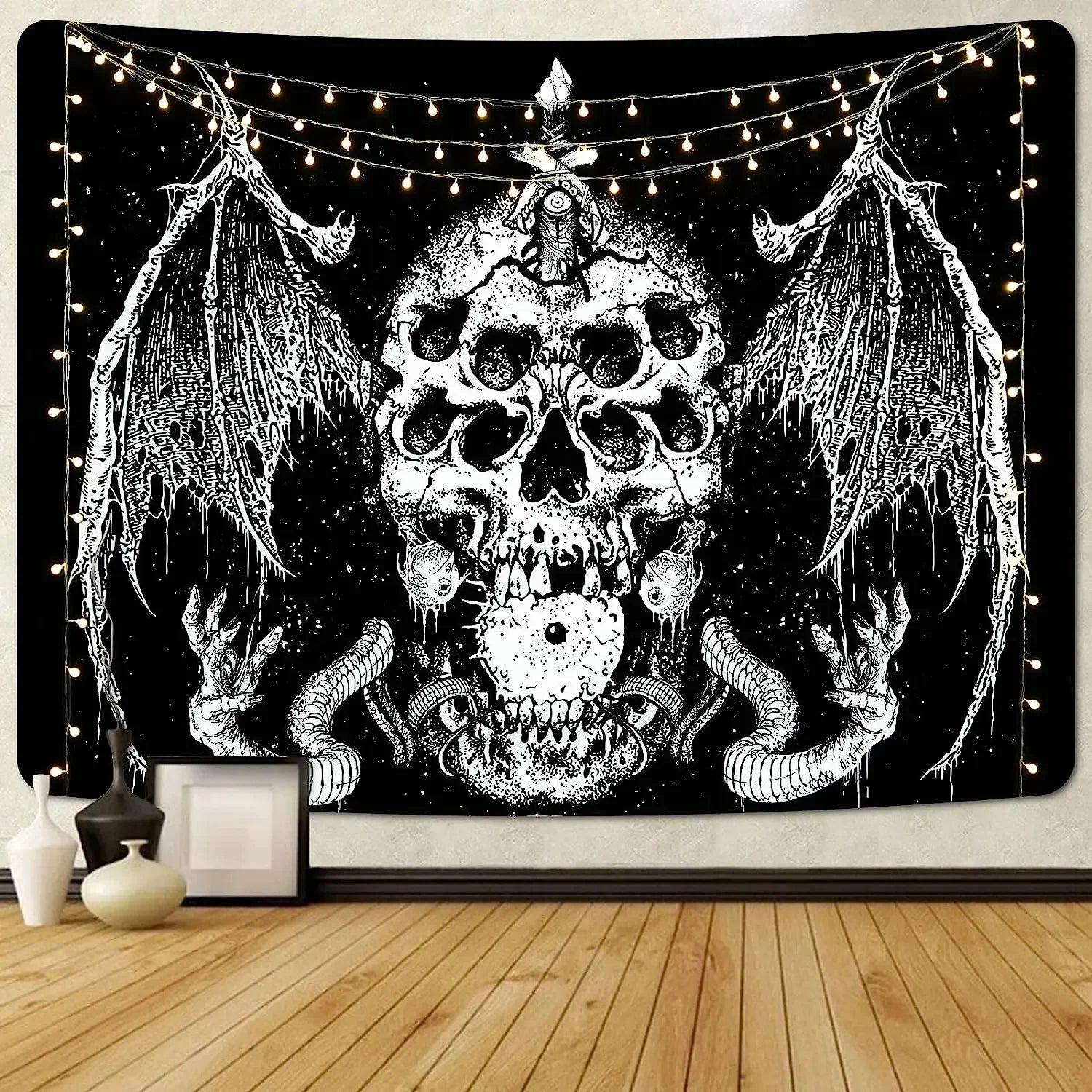 Gothic Wandteppich mit Totenkopf und Skelett, Boho-Stil