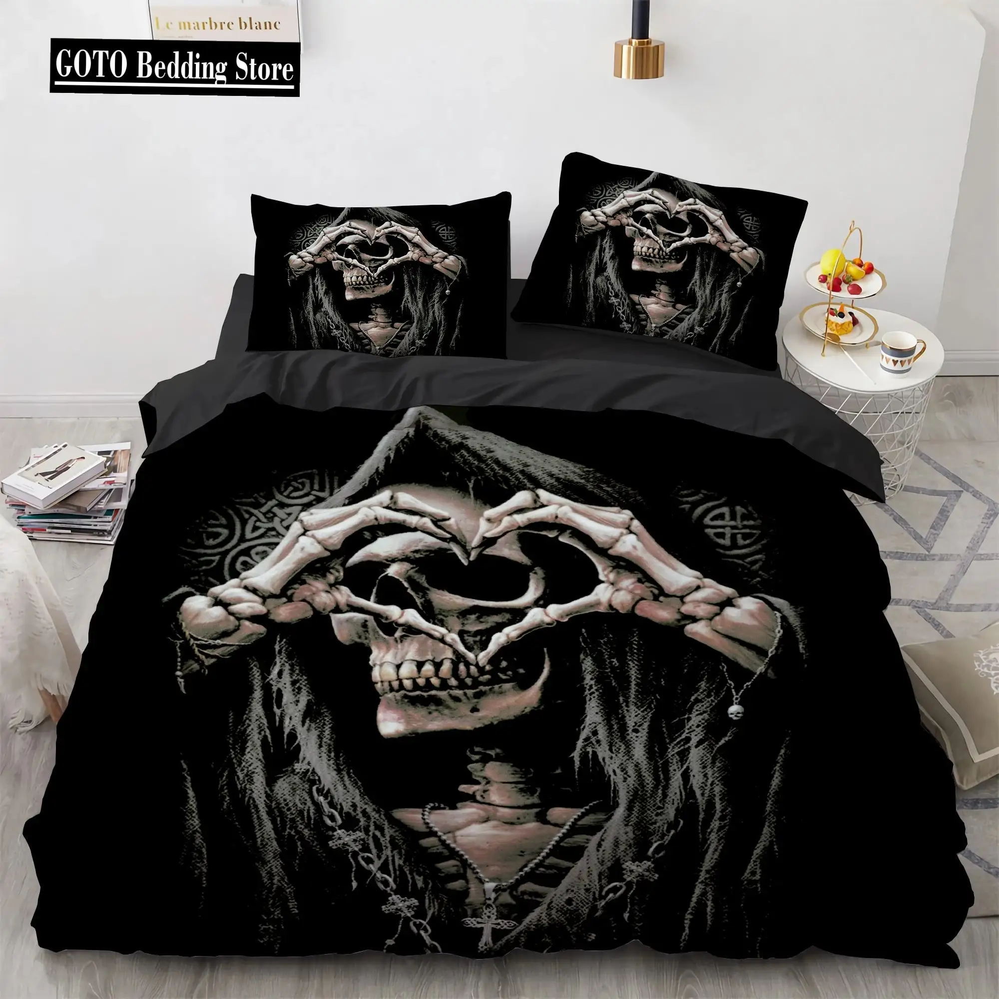 Gothic Skull Bettwaesche Set Queen Size Schwarze Halloween Bettdecke