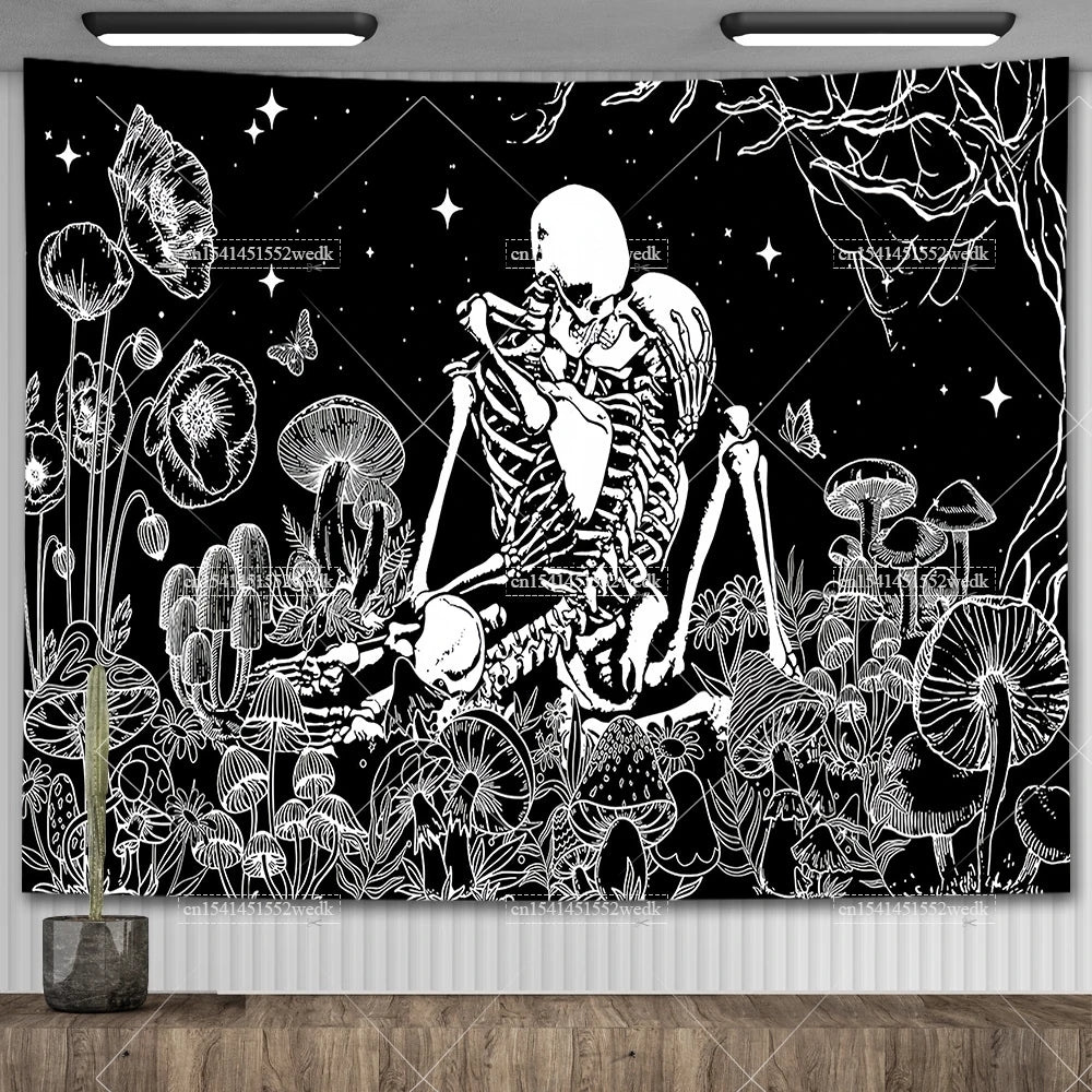 Gothic Wandteppich mit Totenkopf & Mond in Schwarz-Weiß