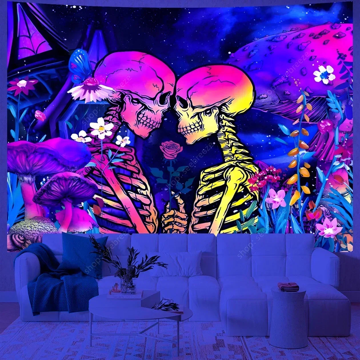 Gothic Wandteppich mit psychedelischem Totenkopf-Design