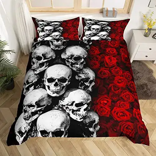 Gothic Bettwaesche Set Mit Totenkopf 038 Rose Skelett Motiv