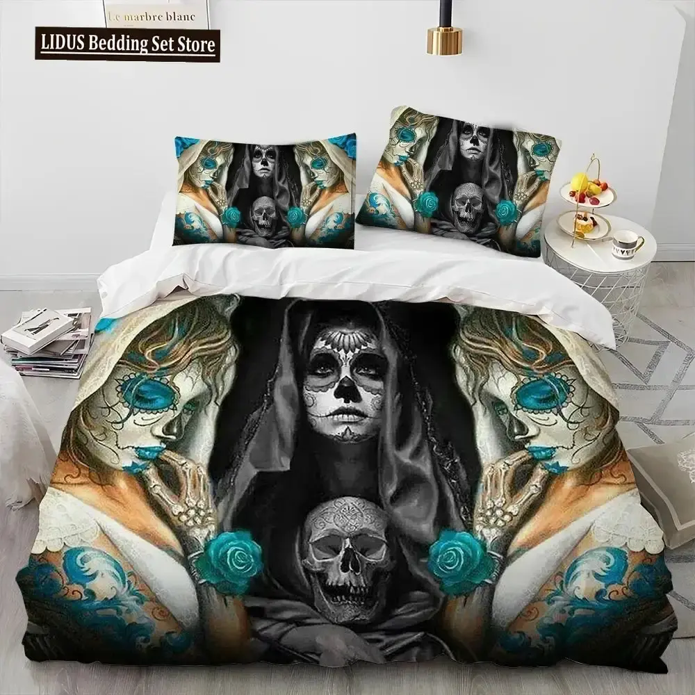 Gothic 3d Horror Bettwaesche Set Mit Totenkopf Motiv Queen