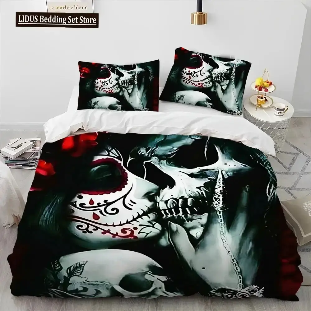 Gothic 3d Horror Bettwaesche Set Mit Totenkopf Motiv Queen