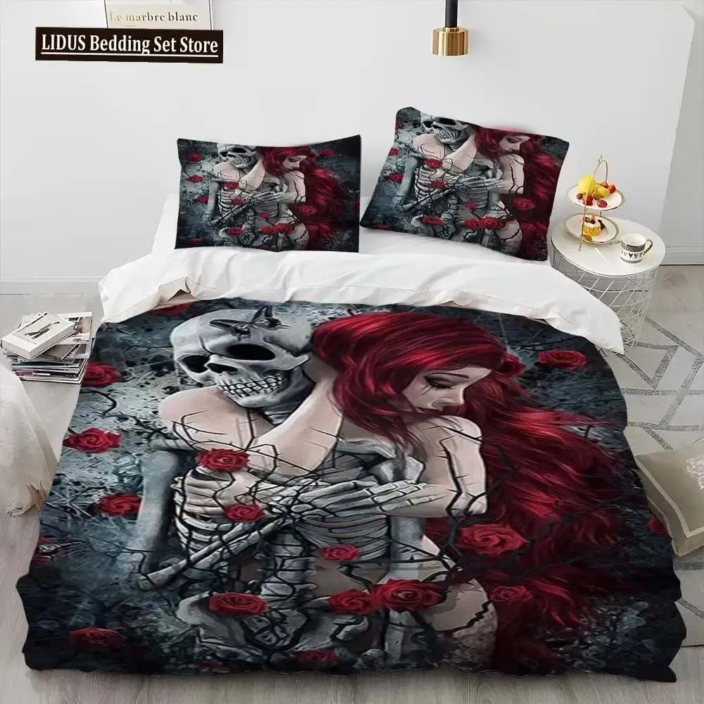 Gothic 3d Horror Bettwaesche Set Mit Totenkopf Motiv Queen