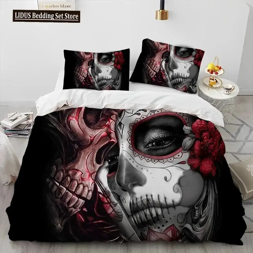 Gothic 3d Horror Bettwaesche Set Mit Totenkopf Motiv Queen