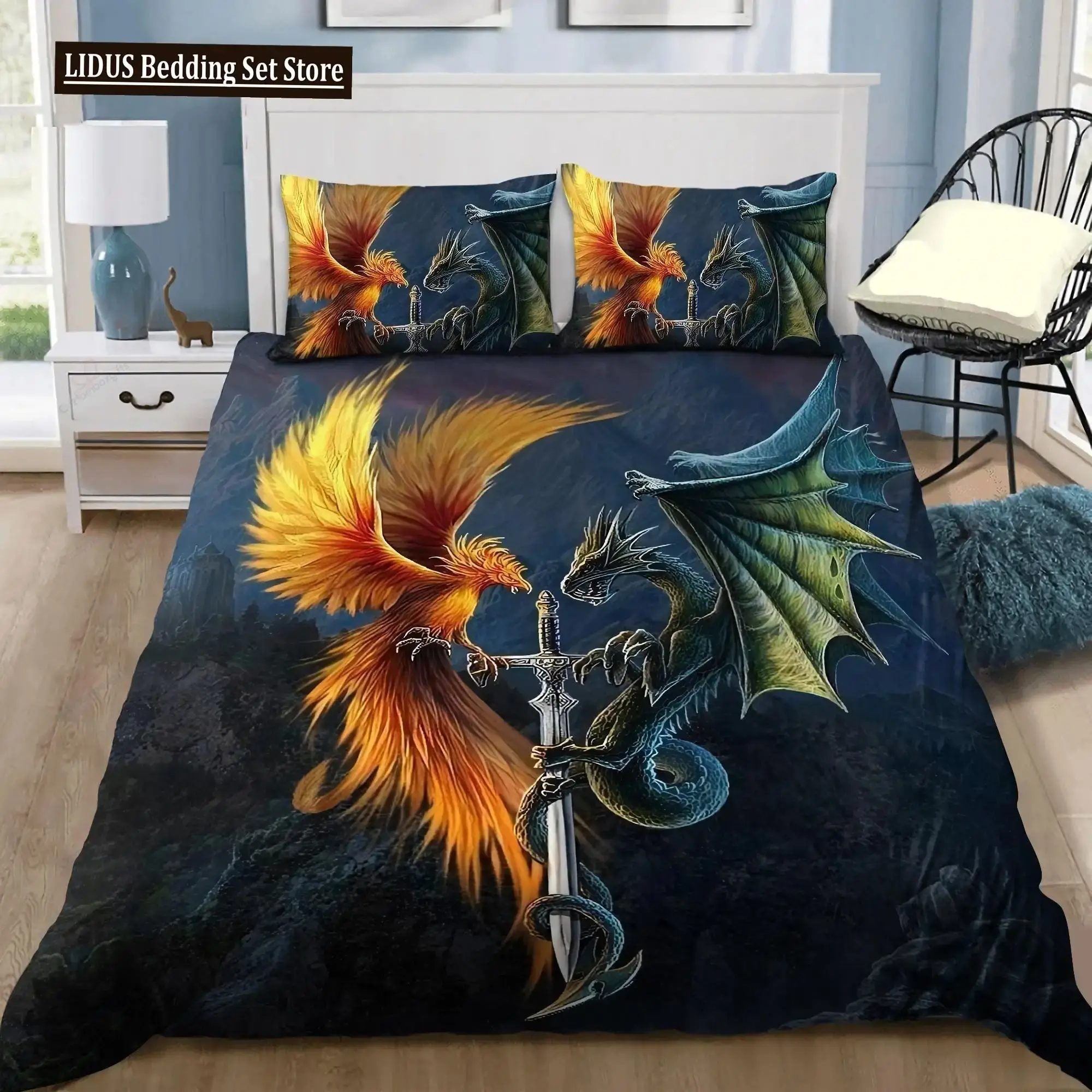 Gothic Bettwaesche Set Mit Drache 038 Phoenix Mandala Stil