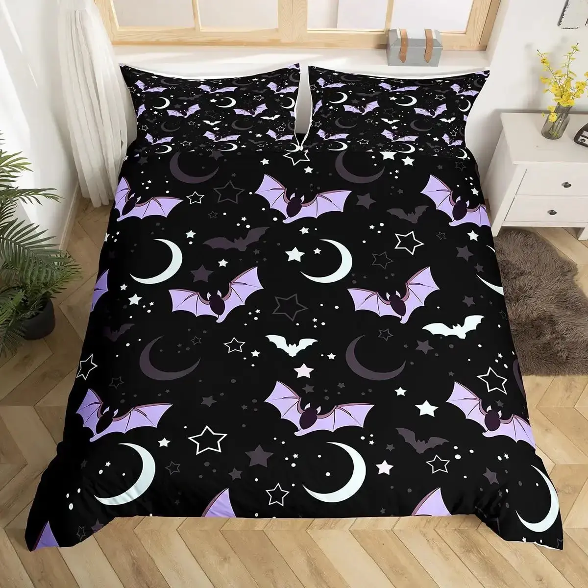 Gothic Bettwaesche Set Mit Lila Fledermaeusen 038 Sternen