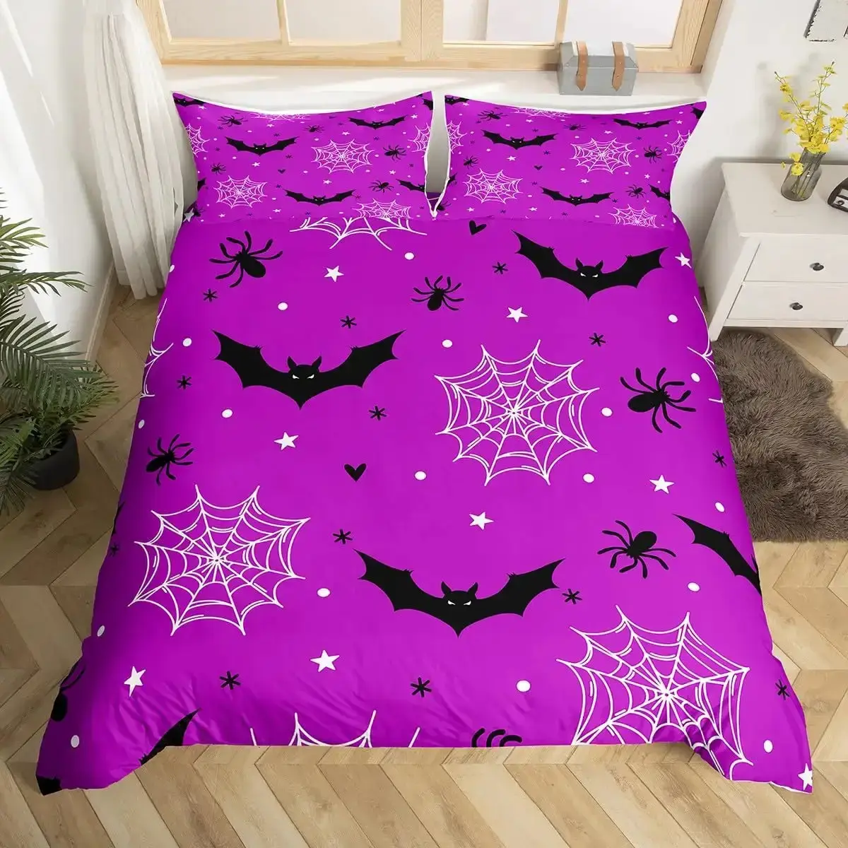Gothic Bettwaesche Set Mit Lila Fledermaeusen 038 Sternen