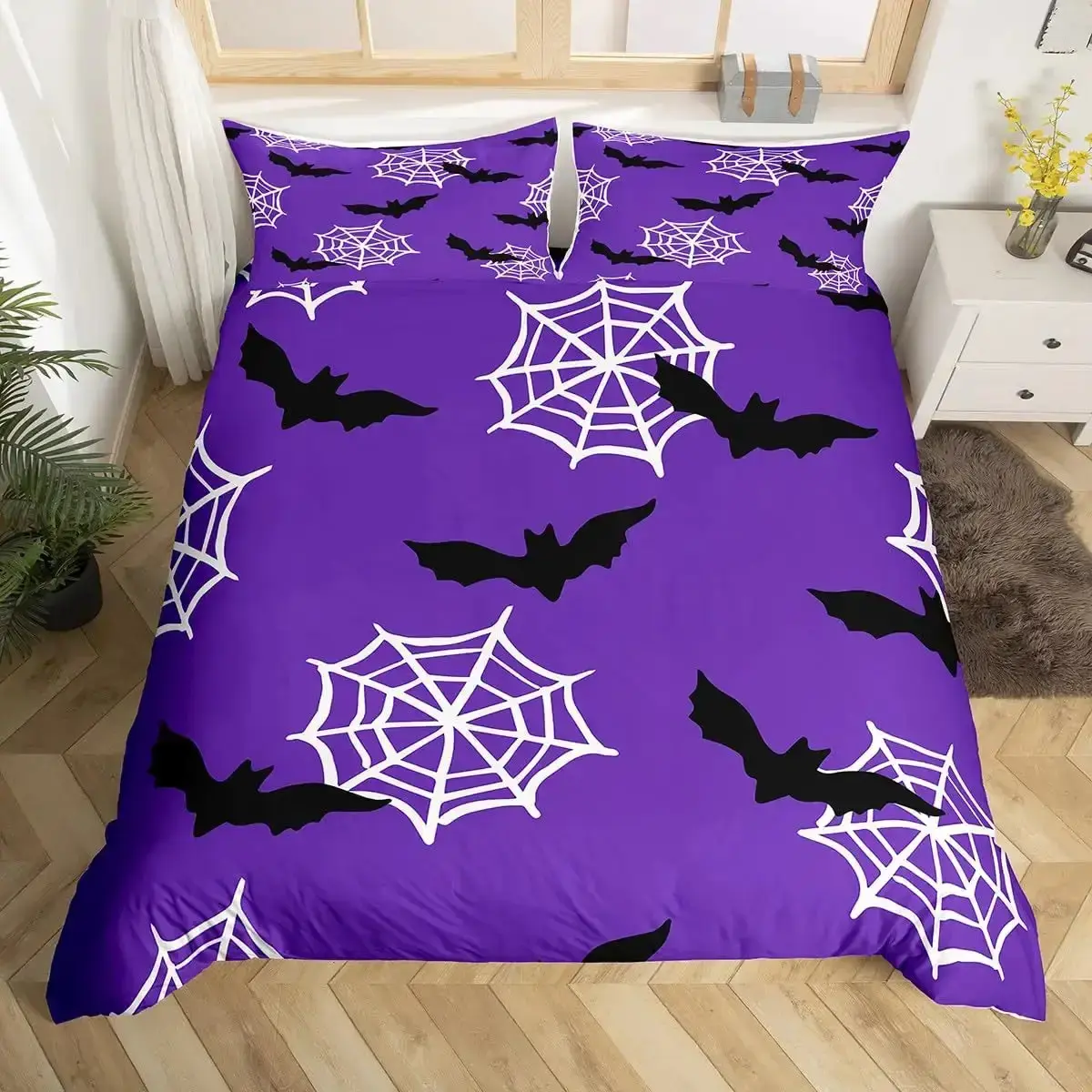 Gothic Bettwaesche Set Mit Lila Fledermaeusen 038 Sternen