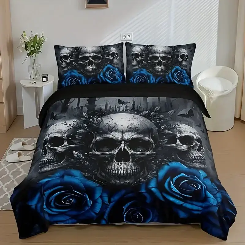 Gothic Bettwaesche Set Mit Totenkopf 038 Blauer Rose 3 Teilig