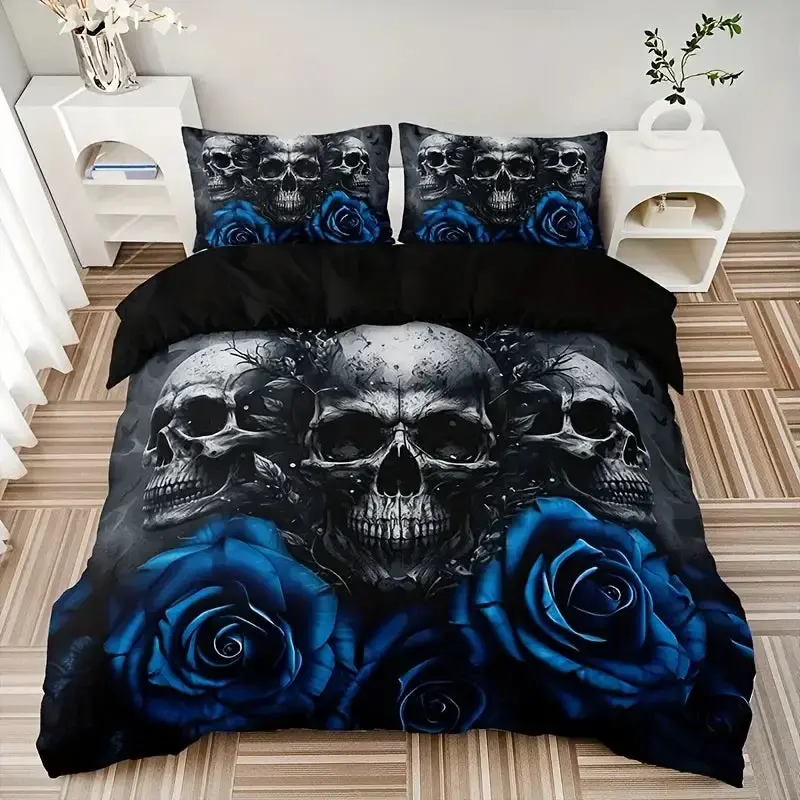 Gothic Bettwaesche Set Mit Totenkopf 038 Blauer Rose 3 Teilig